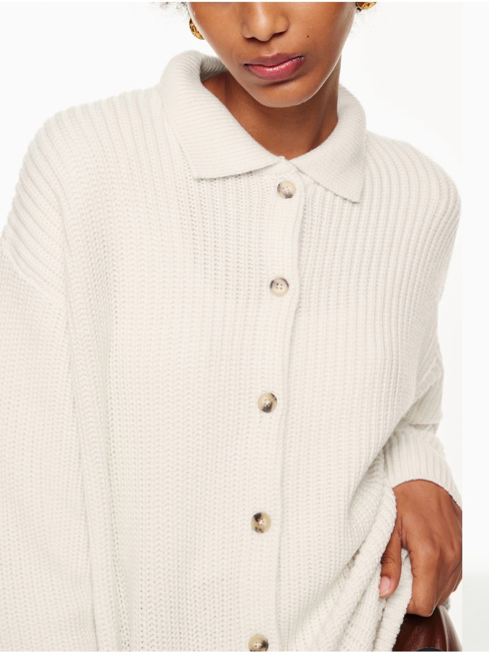 Aritzia Cream Button-Front Ribbed Polo Sweater